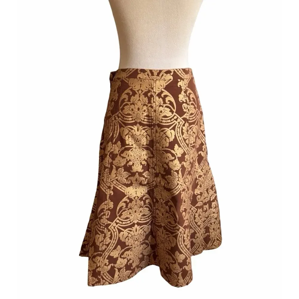 Yoana Baraschi Midi Skirt 2 Brown Gold Damask Brocade Jacquard A Line Holiday